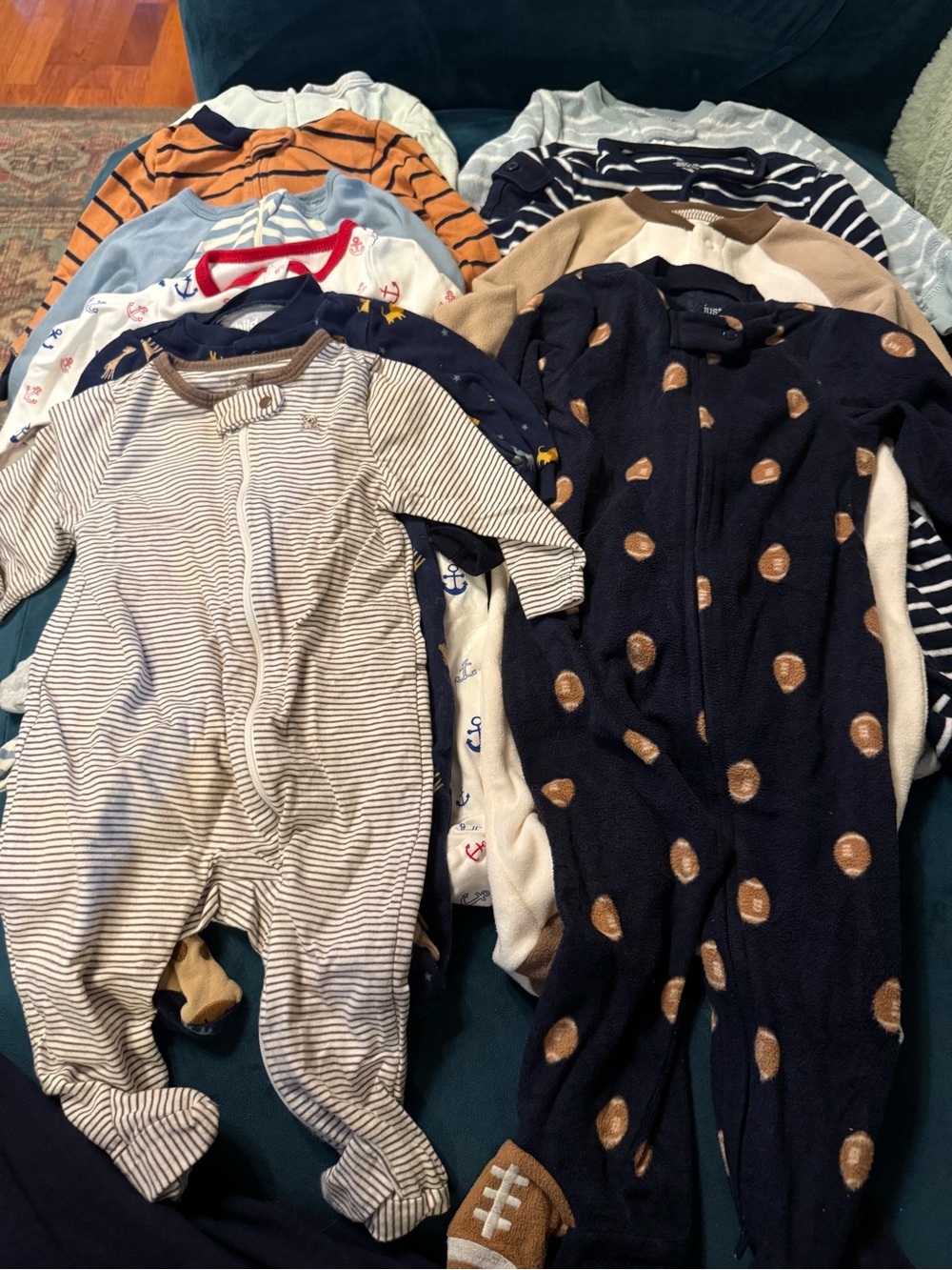 Carter's Navy Football Print Footed One-Piece